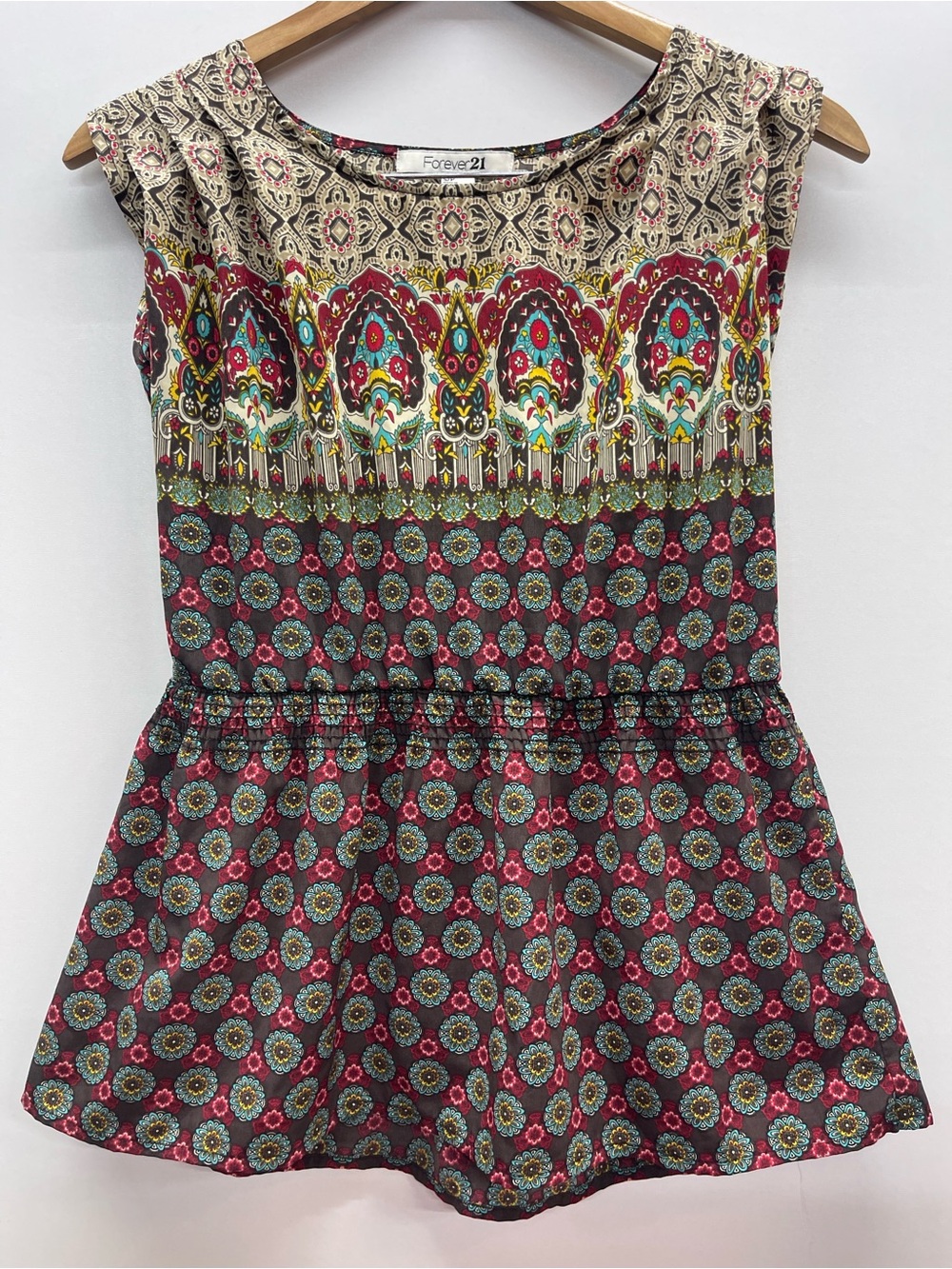 Forever 21 Vintage Y2K Multicolor Printed babydoll Top - Teal, Pink, Burgundy
